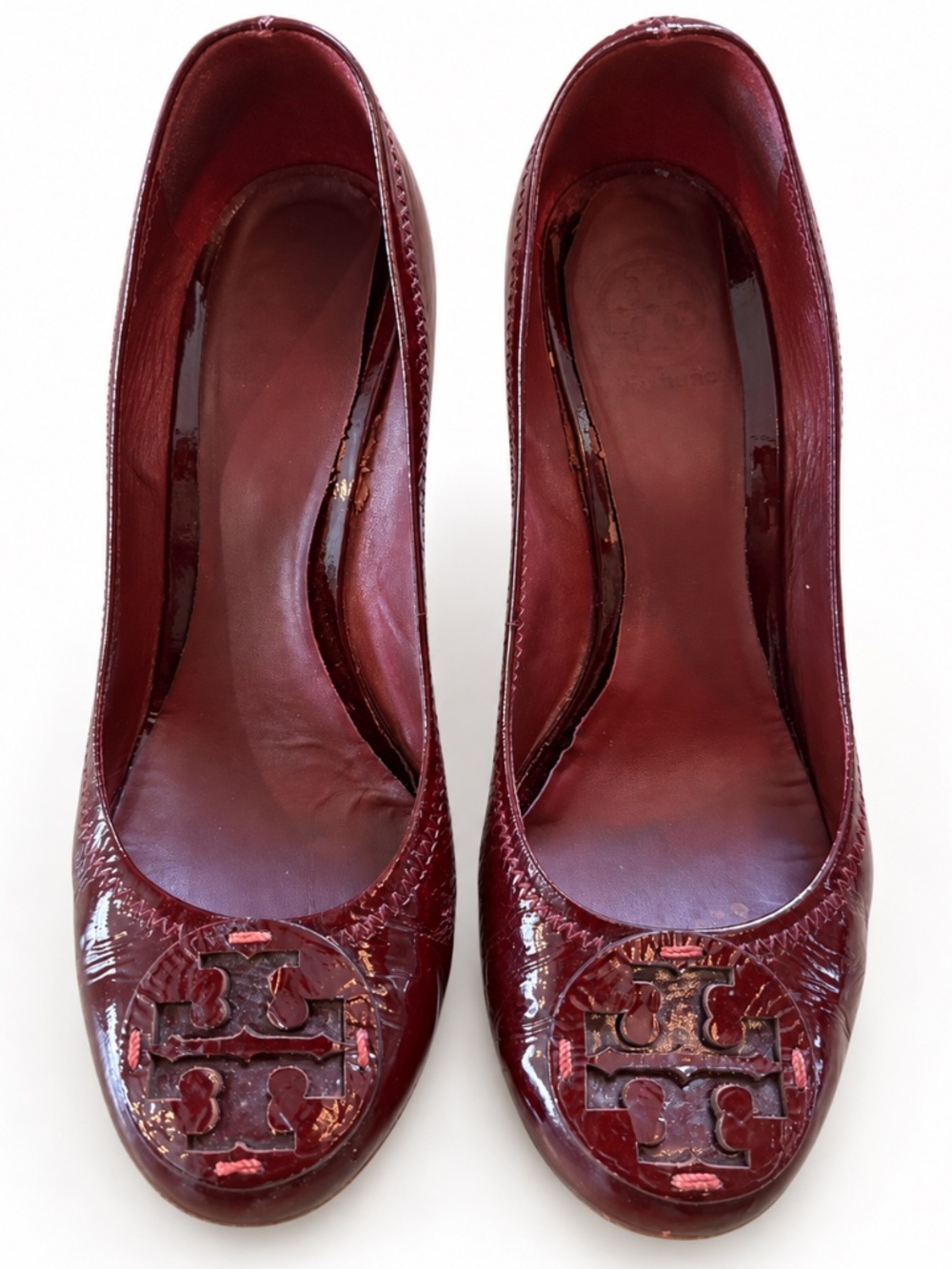 Tory Burch Burgundy Patent Leather Logo Wedge Pumps Size 9.5